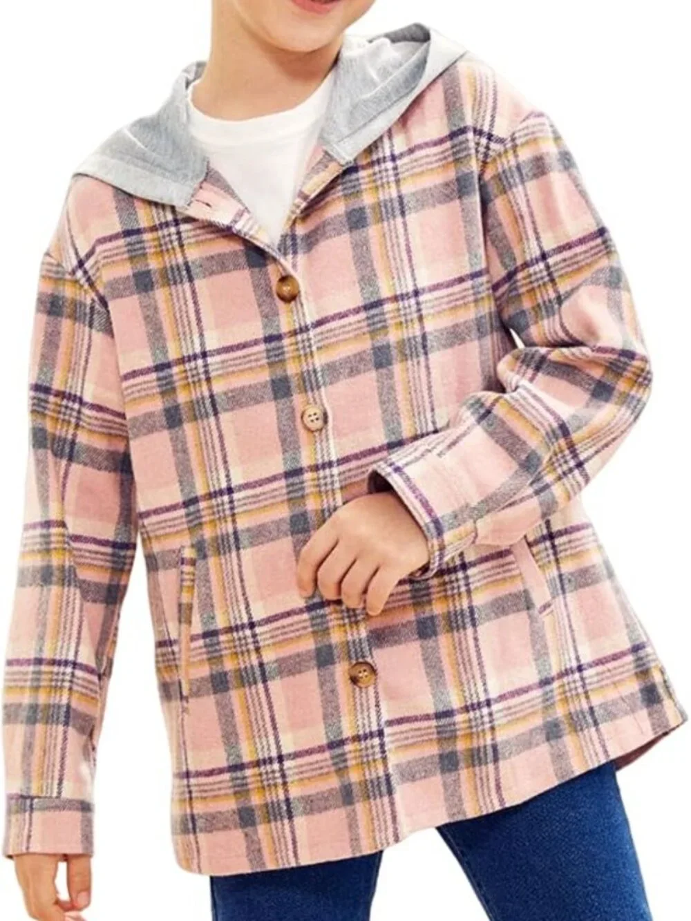 Pink Plaid Flannel Hooded Jacket Button Down Shirt Top